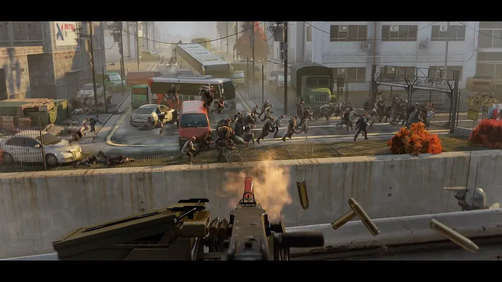 A horde of zombies running over an overpass.