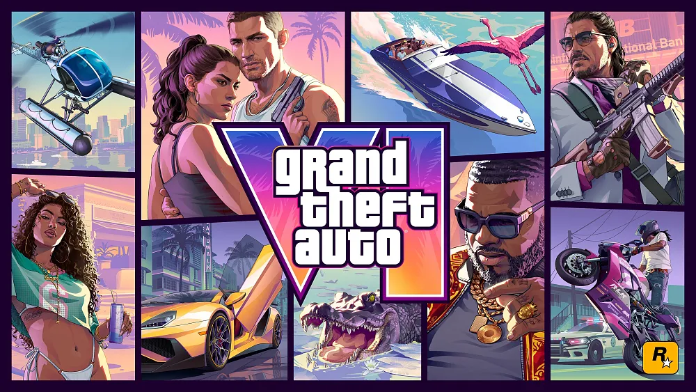 The main art for Grand Theft Auto 6 showing the stylized title over the montage of characters, vehicles, and locations from the game in various shaped boxes.