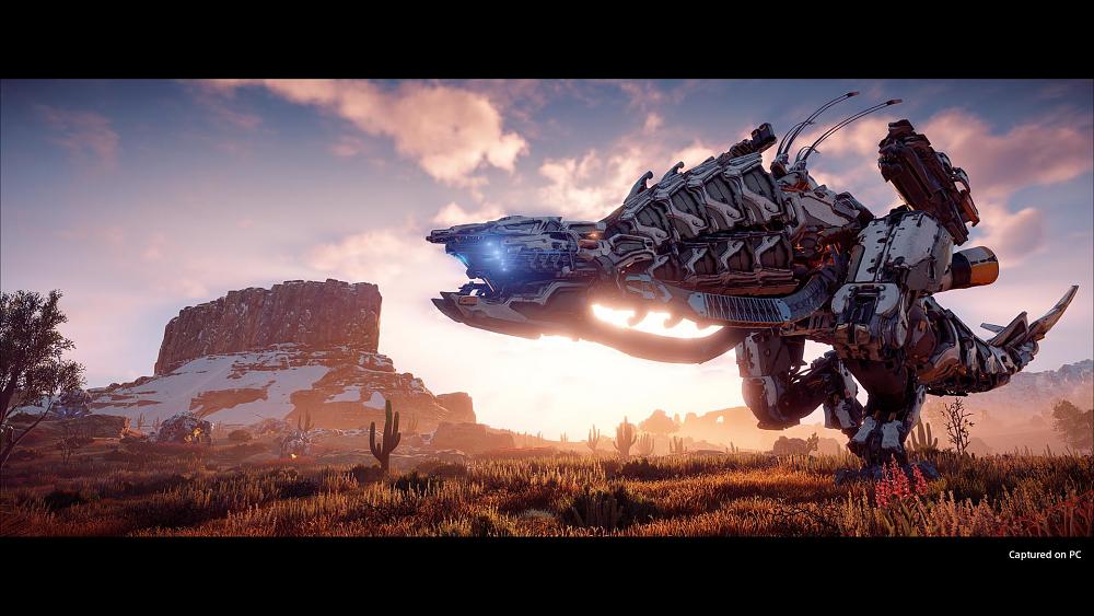 A mechanical T-rex roaming the plains in Horizon: Zero Dawn.