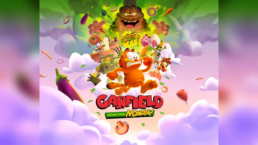 A bunch of cartoon characters, including a fat, orange cat named Garfield in the artwork for Garfield - Escape from Monday.