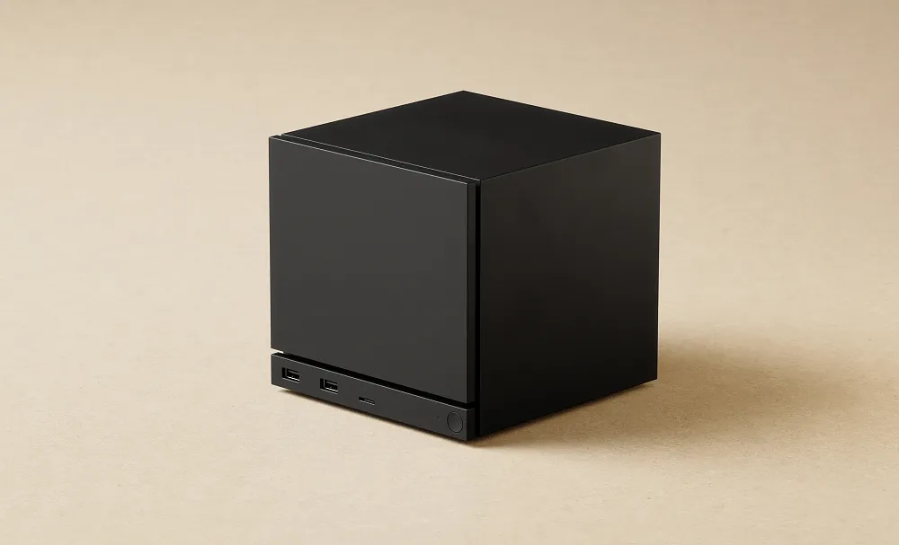 A photo of a small form factor PC, cube shaped.