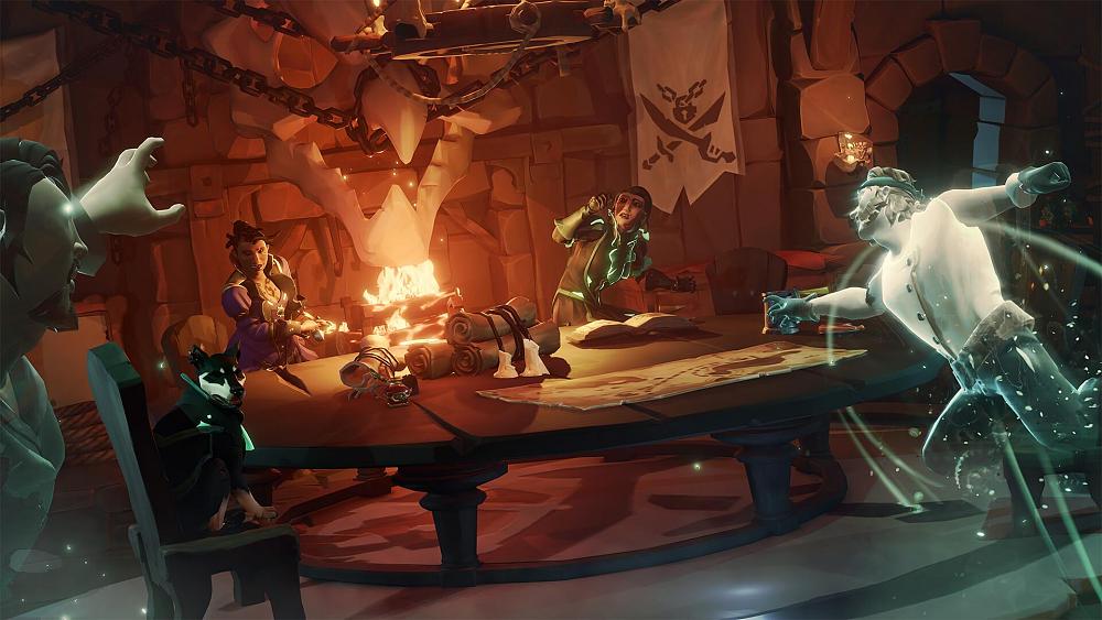 Screenshot showing pirates and a dog around a table looking somewhat frightened as pirate ghosts approach.