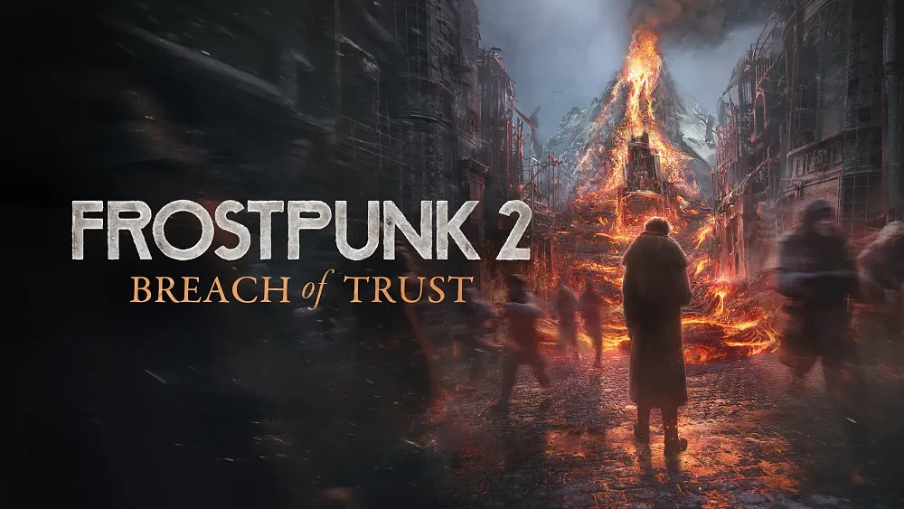 Artwork for "Frostpunk 2: Breach of Trust" showing a figure in a heavy winter coat looking down a narrow city street toward a massive, erupting volcanic structure flowing with molten lava.