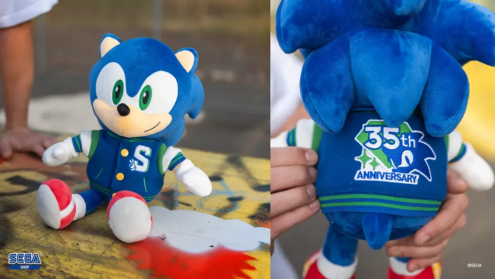 A plush Sonic the Hedgehog wearing a varsity jacket celebrating the 35th anniversary of the franchise.