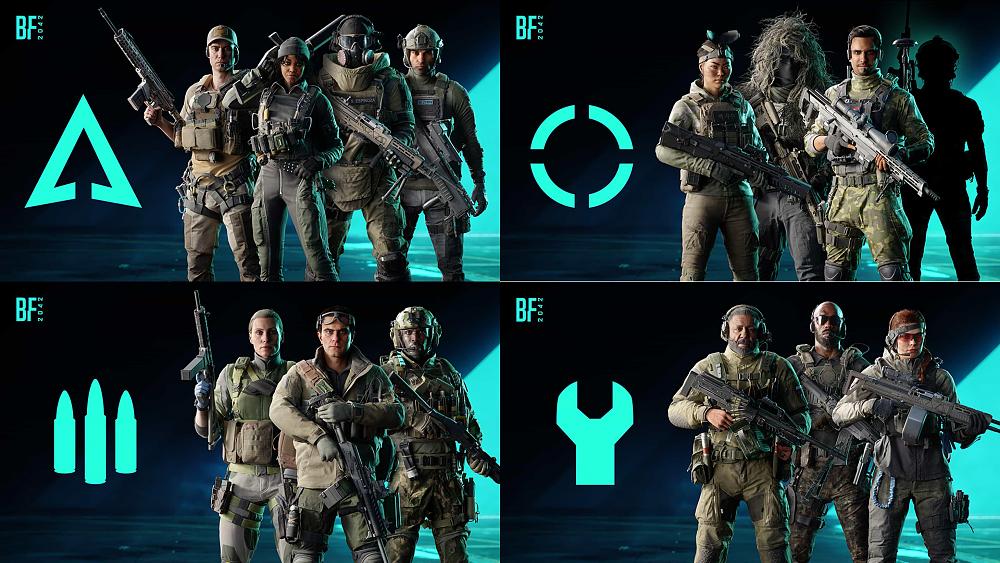 Depiction of Battlefield 2042 Specialists in four corners designating different Class specializations
