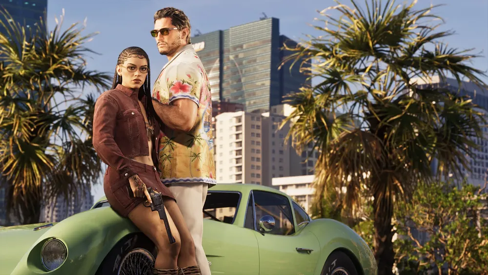 Image from the Ultimate Edition of GTA 6 showing exclusive character outfits, exclusive weapon, exclusive vehicle, and a backdrop of Vice City.