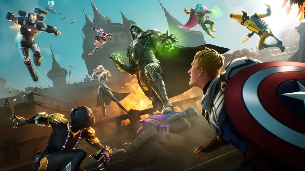 Art showing various Marvel heroes and villains as well as Fortnite characters dressed as various Marvel characters all battling each other.