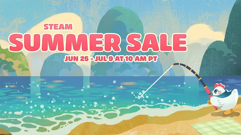 A chicken fishing at a large body of water from the beach. Steam Summer Sale June 25 through July 9, 2026 at 10 AM Pacific.
