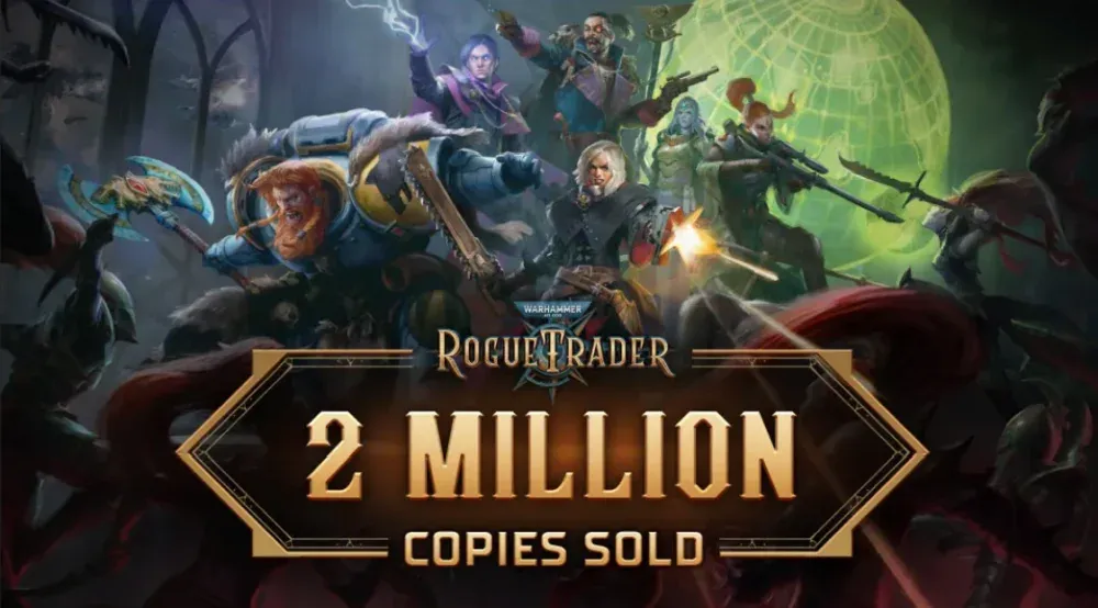Image showing Warhammer 40,000: Rogue Trader characters looking angry and fighting off foes as the text celebrates 2 million copies sold of Warhammer 40,000: Rogue Trader.
