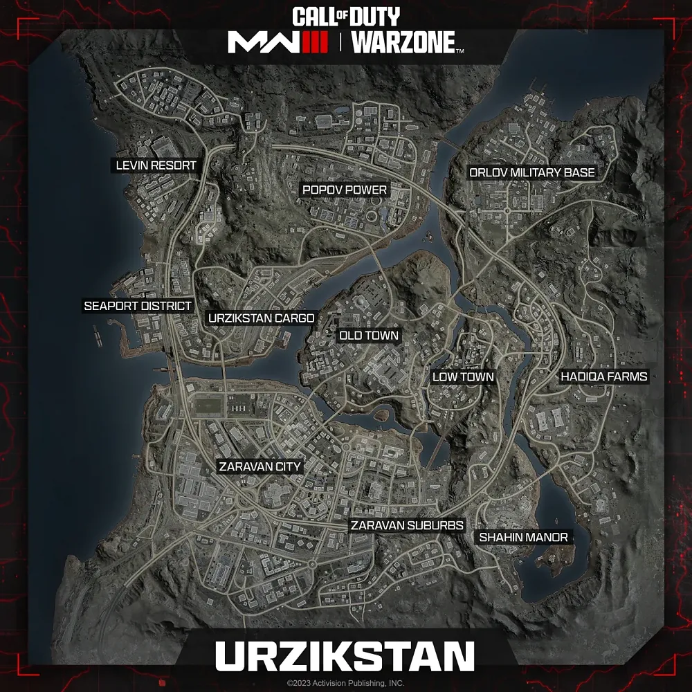 Map of Call of Duty: Warzone's new map, Urzikstan.