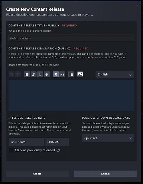 Form publishers will fill out to get their Season Pass Steam Store page listed.