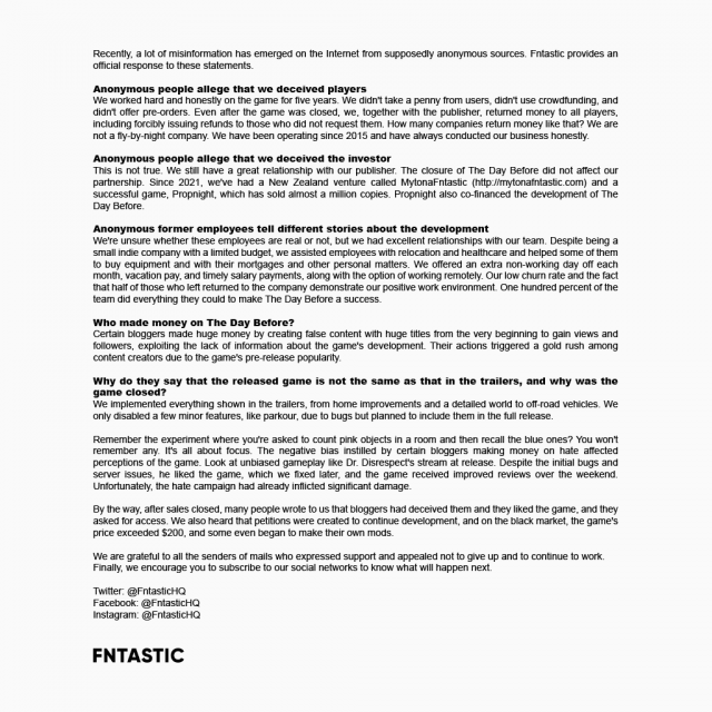 Fntastic blaming everyone but themselves for The Day Before.