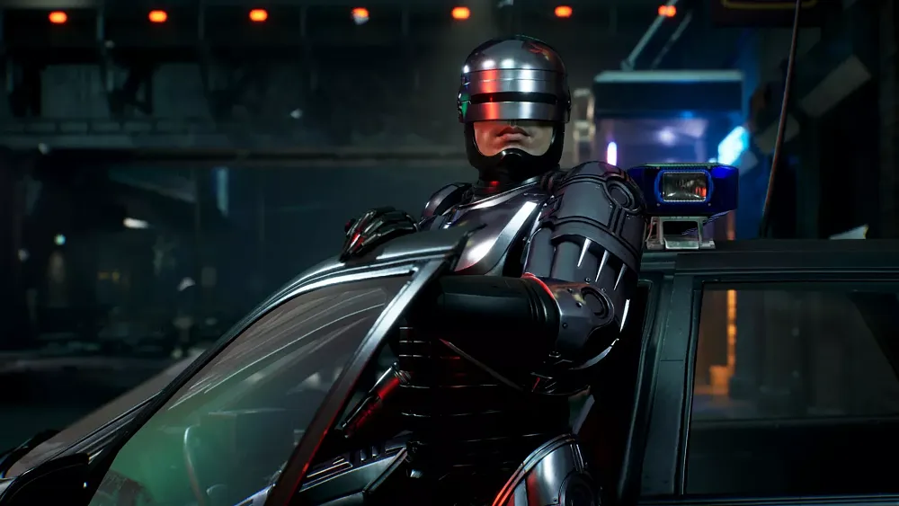 RoboCop stepping out of a police vehicle.