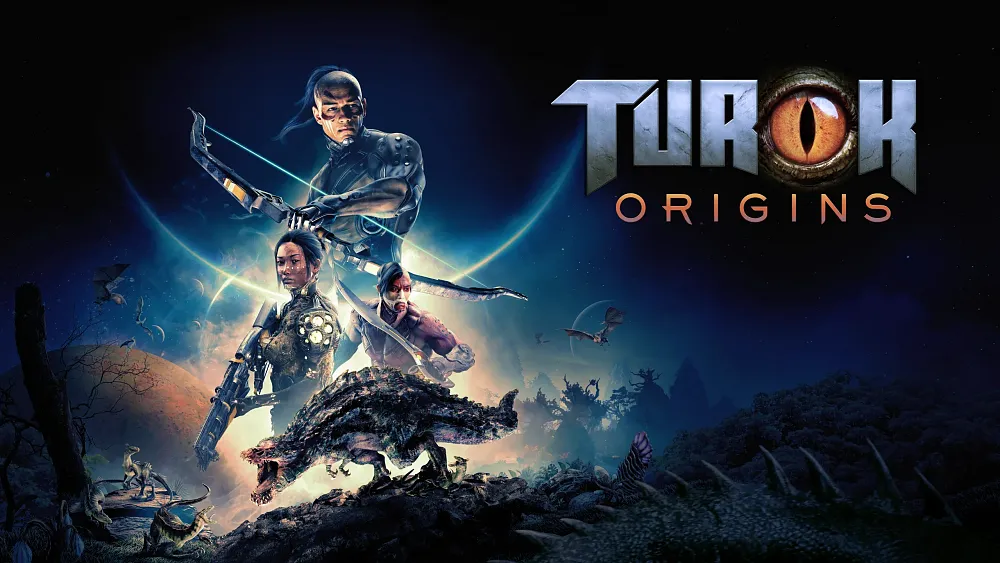 Key art with the title, Turok Origins, and a collage of three hunter humans and some dinosaur like beasts.