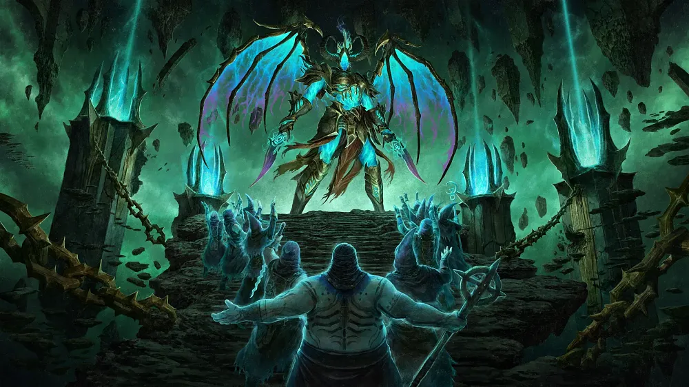 Key art for Season 14, Death Awakening, for Diablo 4 showing an emerald green demon with a void for a face and translucent wings, as ghostly humans offer praise and worship.