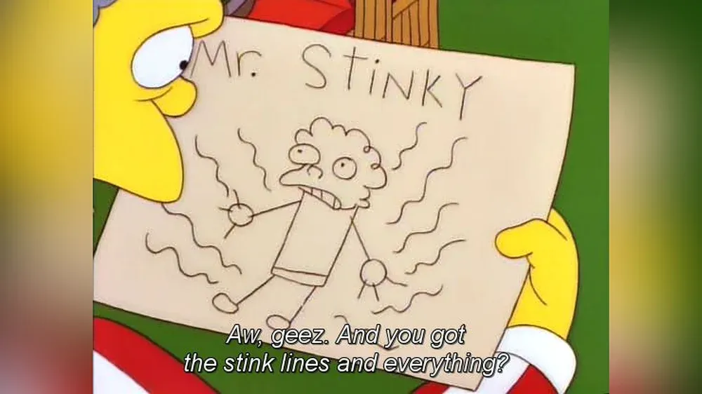 A drawing of Moe from The Simpsons with stink lines.