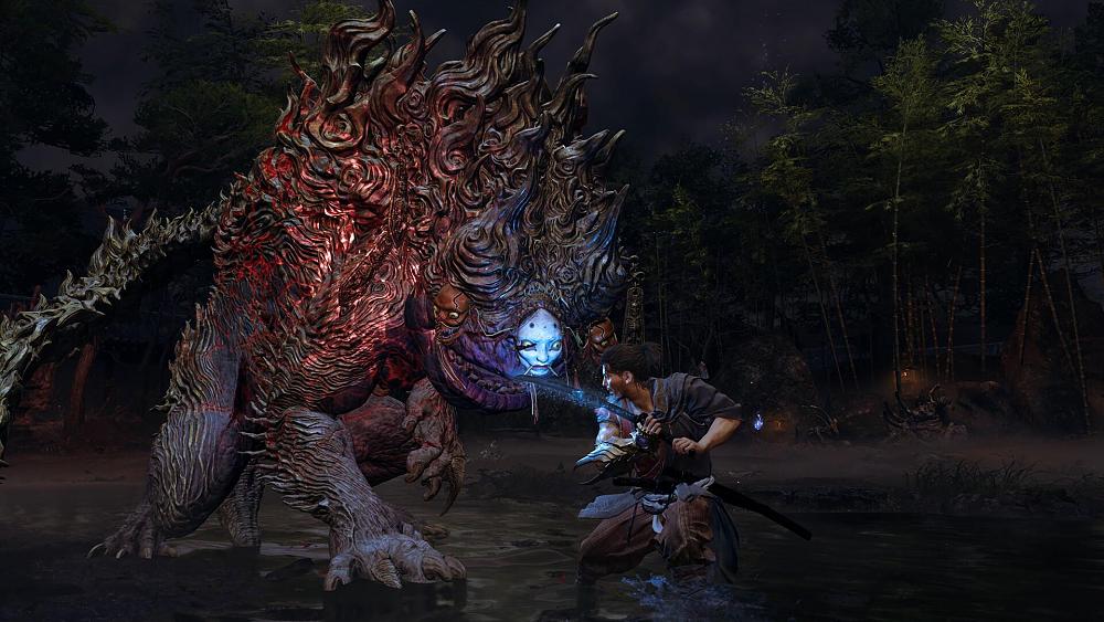 A samurai attacking some crazy looking demon thing with a mask on its head.