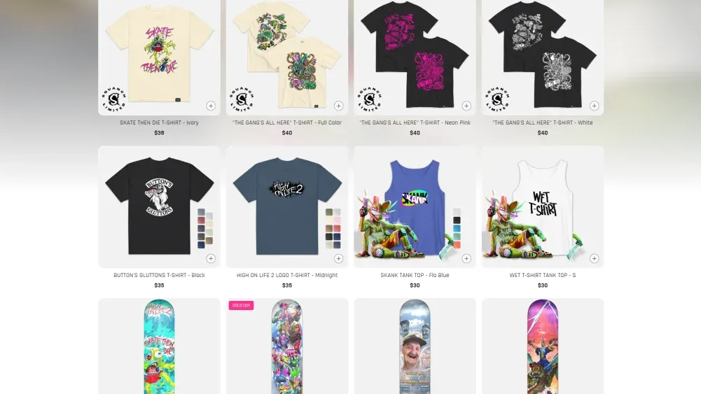 Several different items such as t-shirts, tank tops, skate decks, and more from the new Squanch Games Gear Shop.