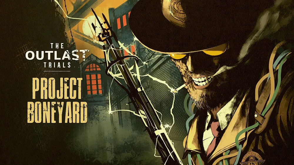 Art showing a crazed police sergeant and text saying 'The Outlast Trials - Project Boneyard'.