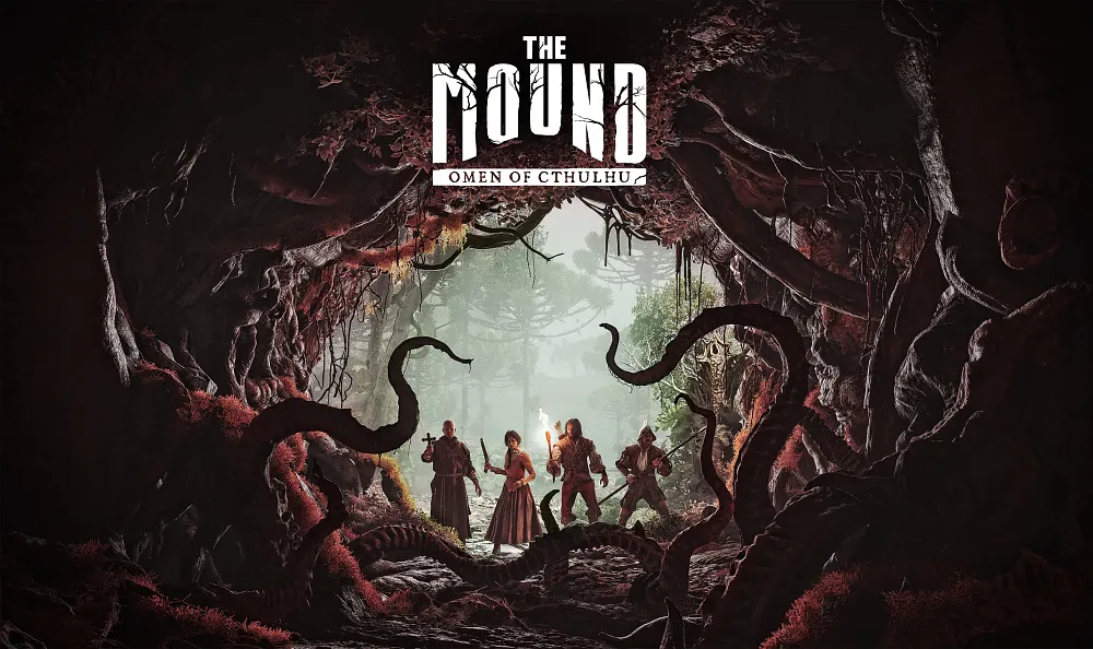 The title, The Mound: Omen of Cthulhu, over a scene of some explorers setting out in a Lovecraftian forest full of Lovecraftian creatures.