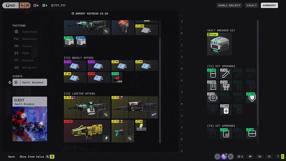 A look at the Vault Breaker PvE armory for Marathon.