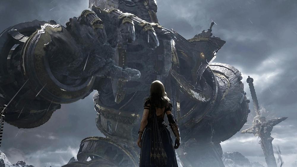 A woman standing defiantly before a colossal stone creature that towers several stories tall.