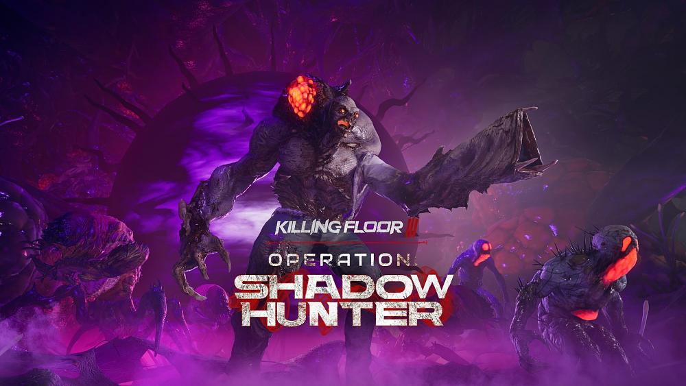 Artwork promoting the new Operation Shadow Hunter seasonal update for Killing Floor 3, showing a new creature boss standing strong against a purple swirling vortex backdrop.