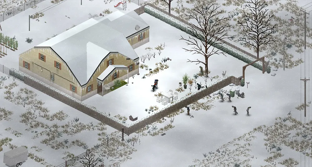 A screenshot from Project Zomboid showing off the new snow visuals and systems coming in Build 42.
