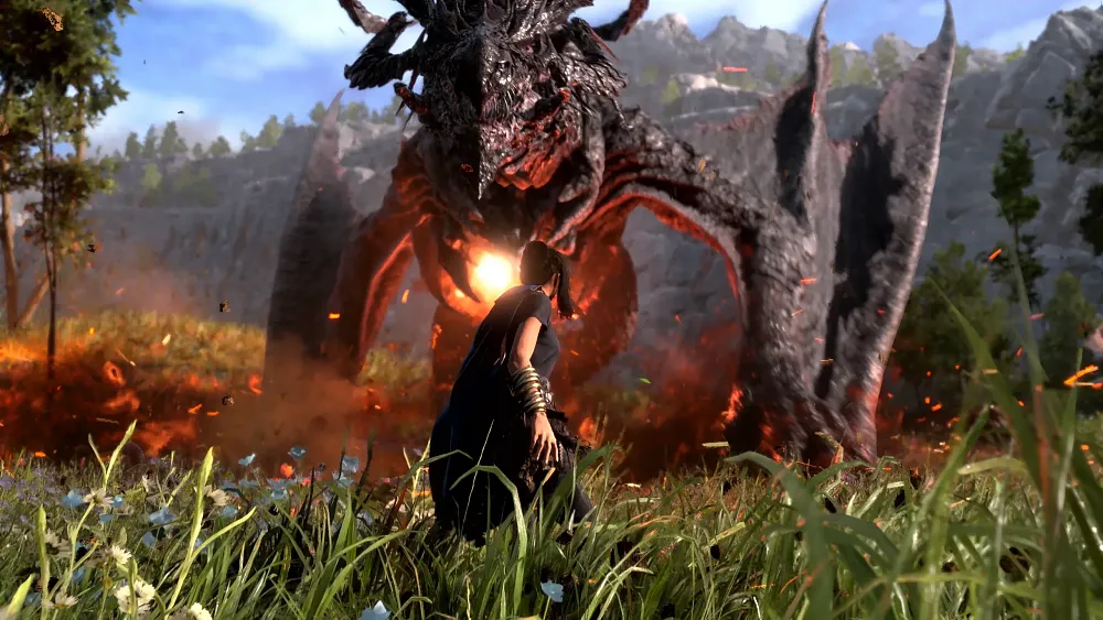 A young girl wearing a cloak faces off against a fire-breathing dragon in a grassy field.