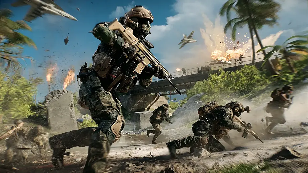 Soldiers from Battlefield 6 running on the beaches of Wake Island.