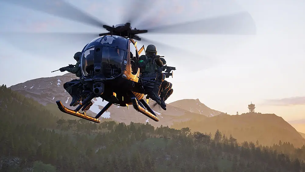 Modern soldiers riding in a flying helicopter.
