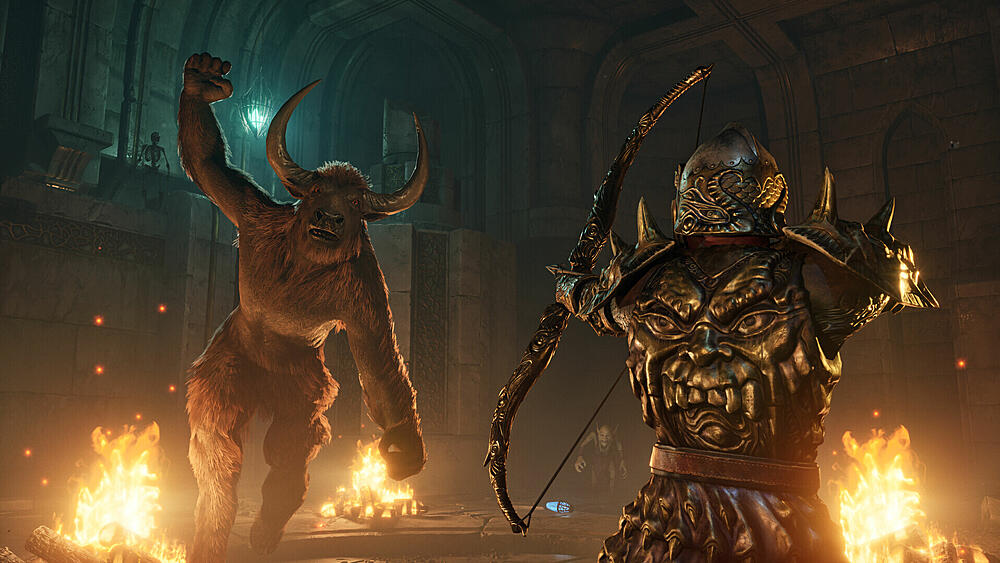 A warrior in Oblivion Remastered going up against some sort of a centaur creature.