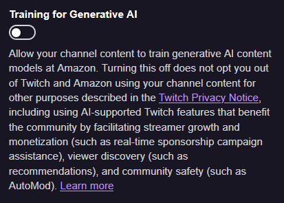 An image showing the new option on Twitch for allowing Twitch parent company Amazon to use your data for training their generative AI.