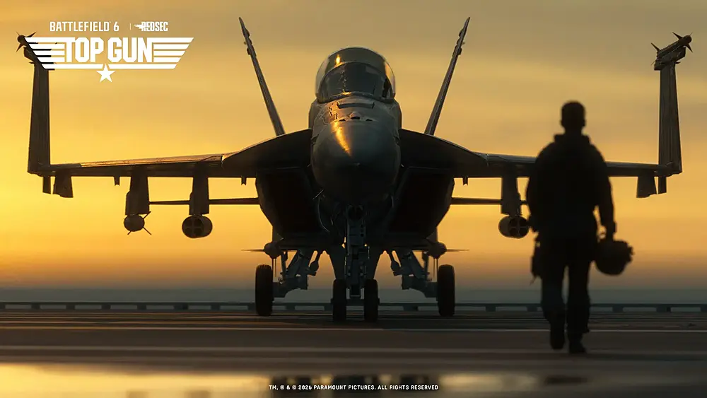 A promotional image for the Battlefield 6 and Top Gun collaboration showing a fighter pilot walking towards a fighter jet.