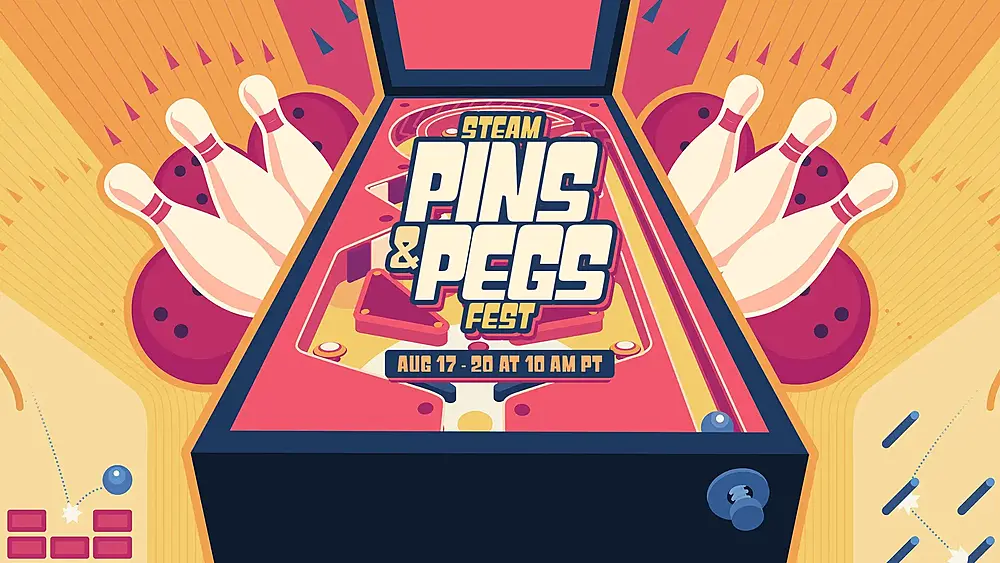 Art showing a pinball machine and some bowling pins promoting the Steam Pins and Pegs Fest running from August 17 at 10 AM PT until August 20 at 10 AM PT.