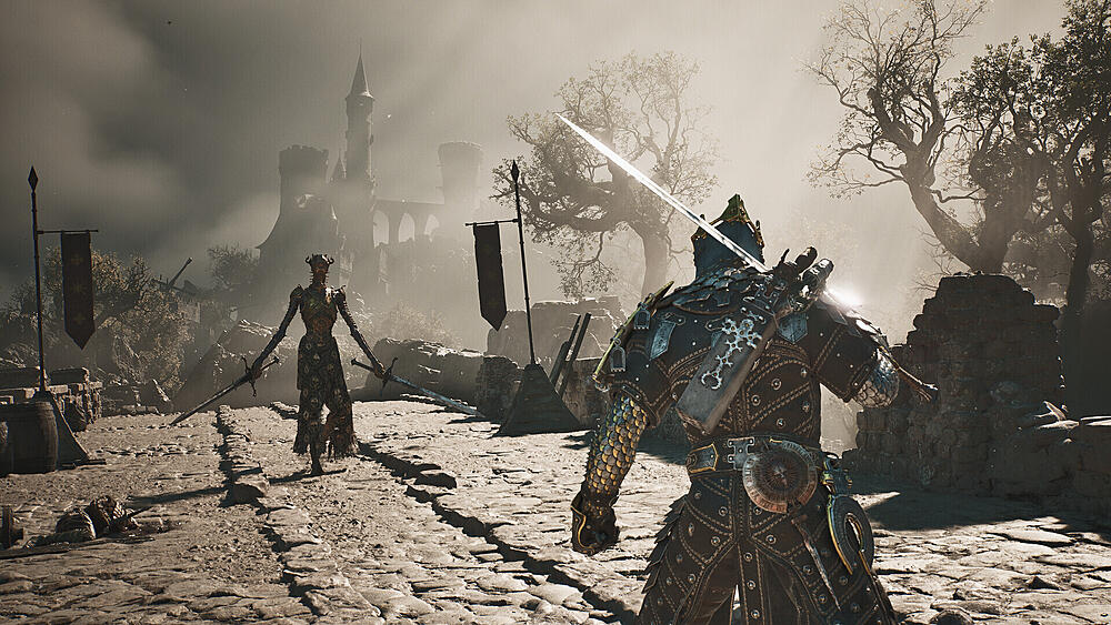 Two enemies facing off on a bridge in the Souls-like game, Mortal Shell 2.