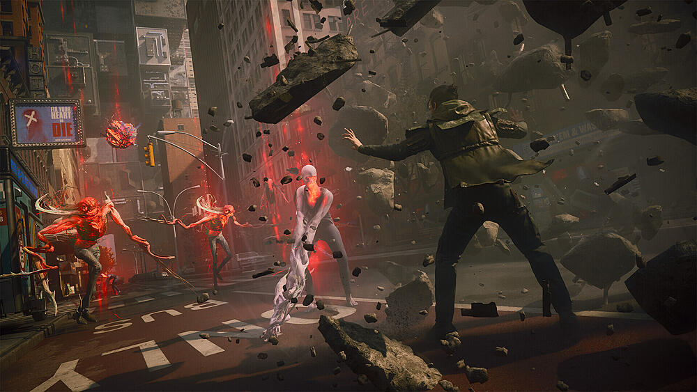 The protagonist firing large rocks at enemies in a distorted version of Manhattan.