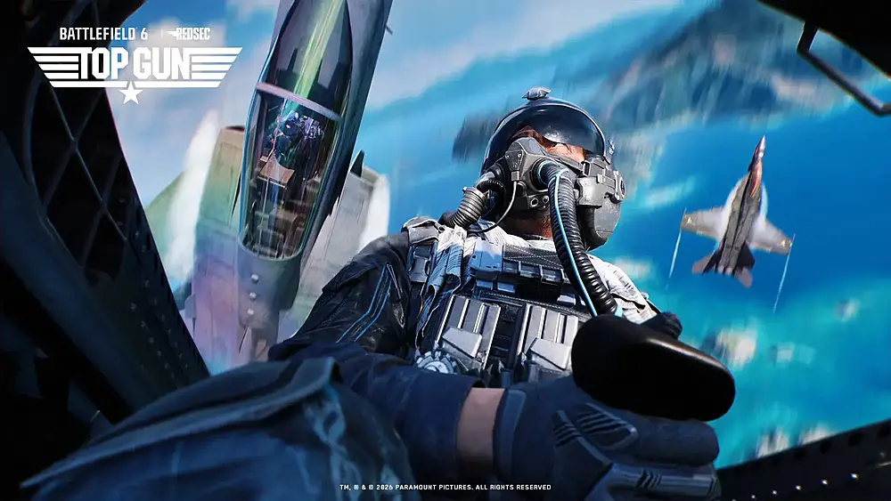 Promo for the Top Gun content added to Battlefield 6 today showing a fighter pilot flying alongside two other enemy fighter jets.