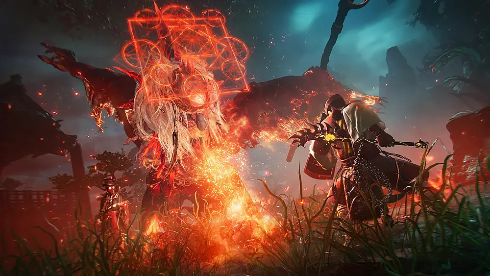 A samurai fighting a big hellish demon creature thing.