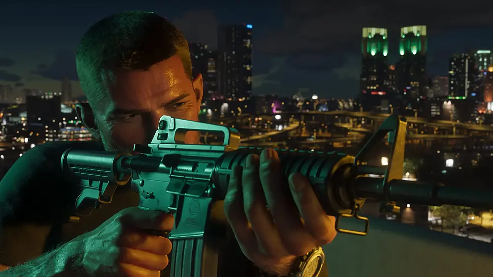 A male protagonist from GTA 6 aiming an assault rifle.