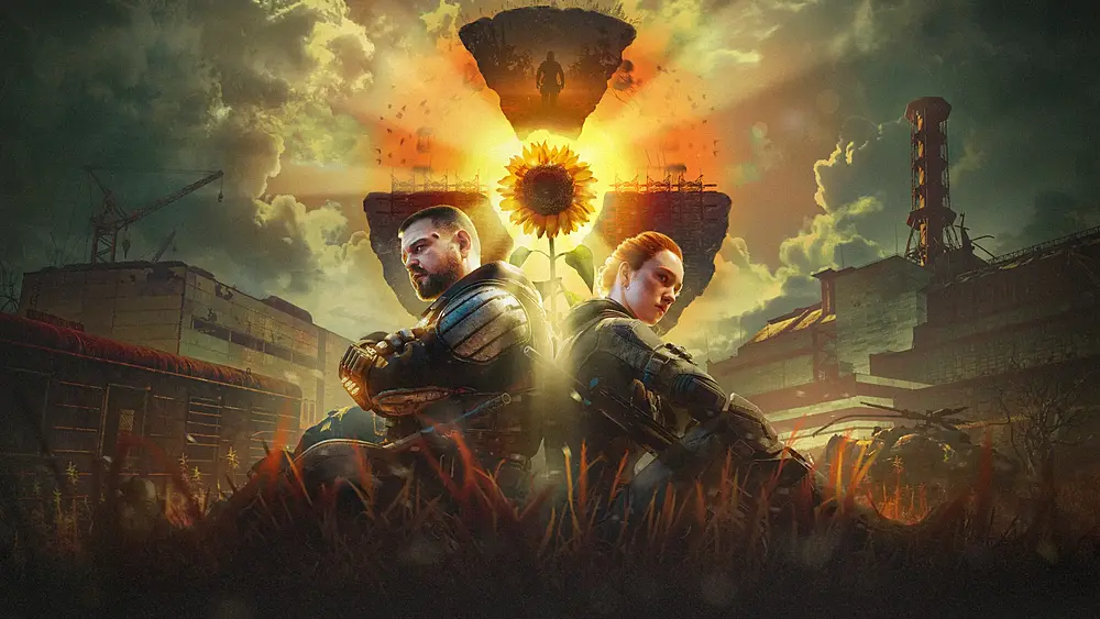 Two soldiers back to back in a field of sunflowers.