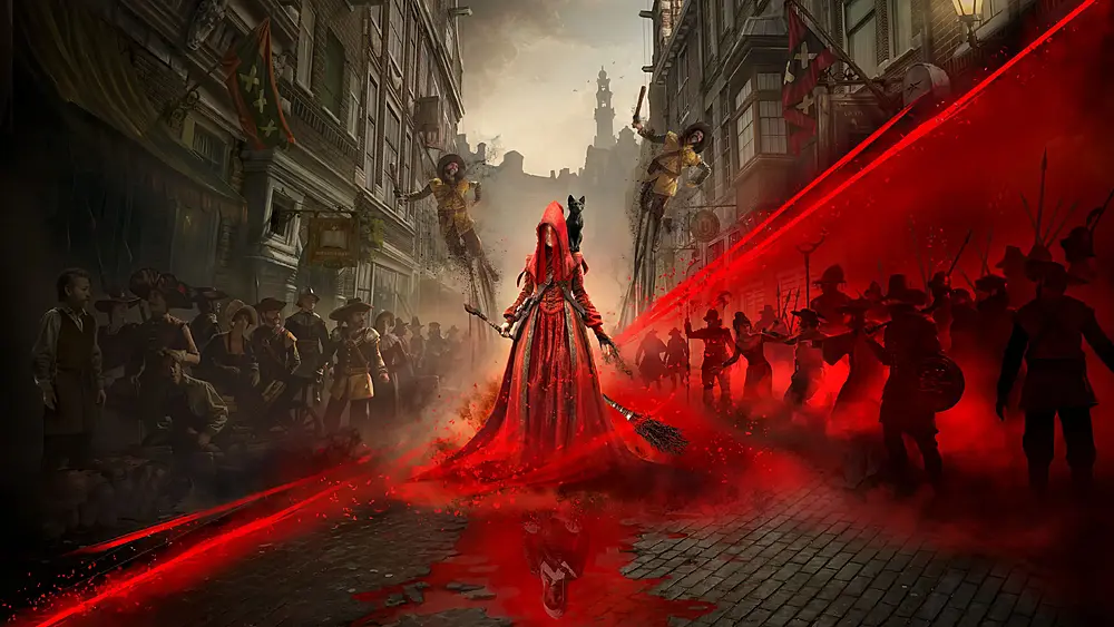 A figure in a long red cloak and hood stands in a historic European street, surrounded by crowds. The scene is split diagonally by a vivid red wash that illuminates silhouettes of people on the right side.