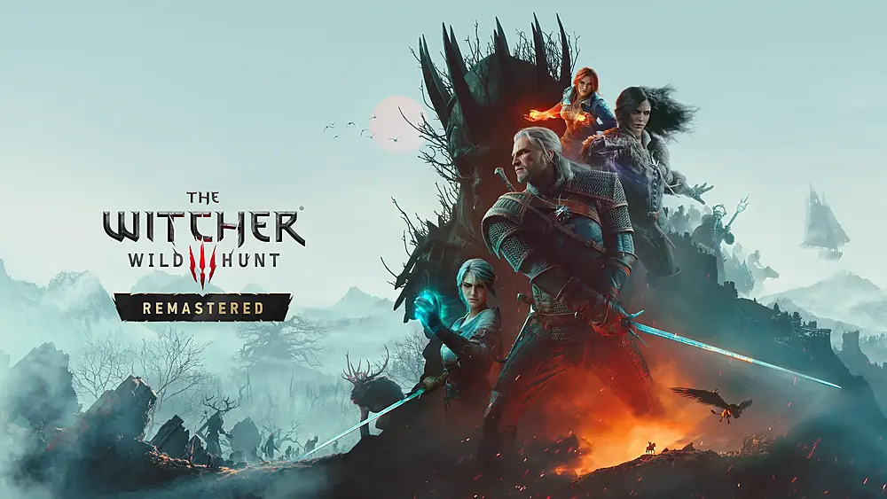 Key art showing characters from the fantasy action-RPG, The Witcher 3 with the title on the left of The Witcher 3: Wild Hunt - Remastered.