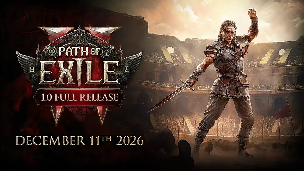 Art showing the new Duelist class, a man with a sharp sword in an arena, alongside Path of Exile 2 - 1.0 Full Release on December 11, 2026.
