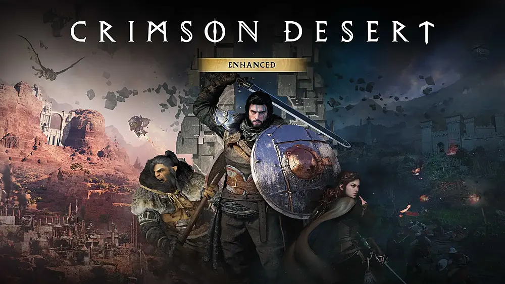 Characters and locations from the fantasy action RPG Crimson Desert with the title, Crimson Desert Enhanced.
