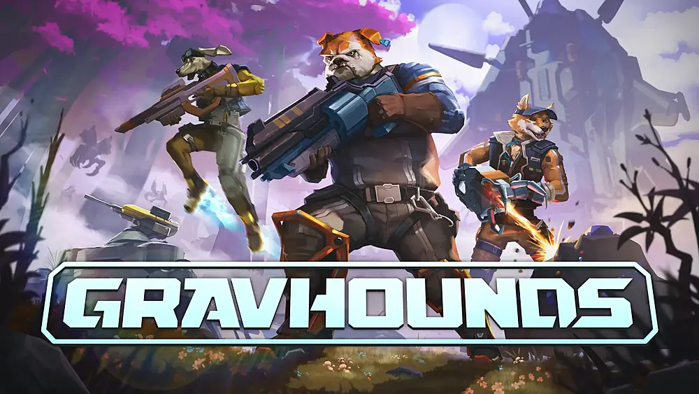 Three anthropomorphic dog soldiers in futuristic combat gear holding sci-fi weapons, with a prominent stylized title banner at the bottom reading "GRAVHOUNDS" against a sci-fi landscape backdrop.