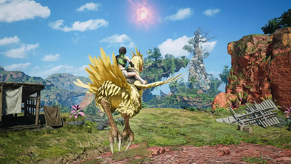 Yuffie riding a big yellow bird in a screenshot for Final Fantasy 7 Revelation.