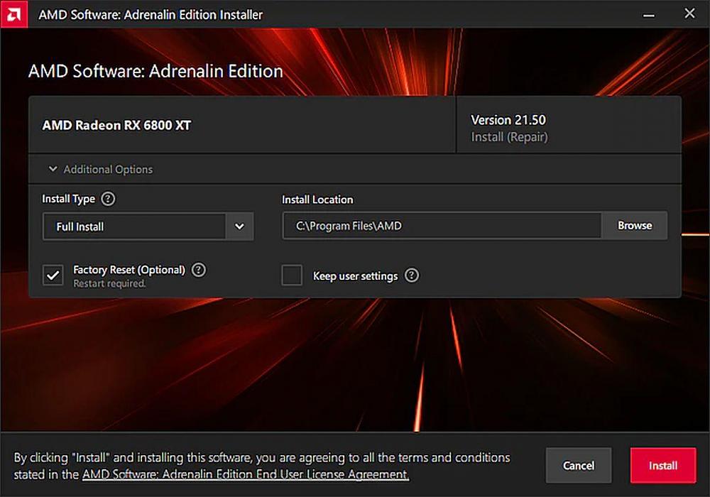 Software install dialogue box showing options.