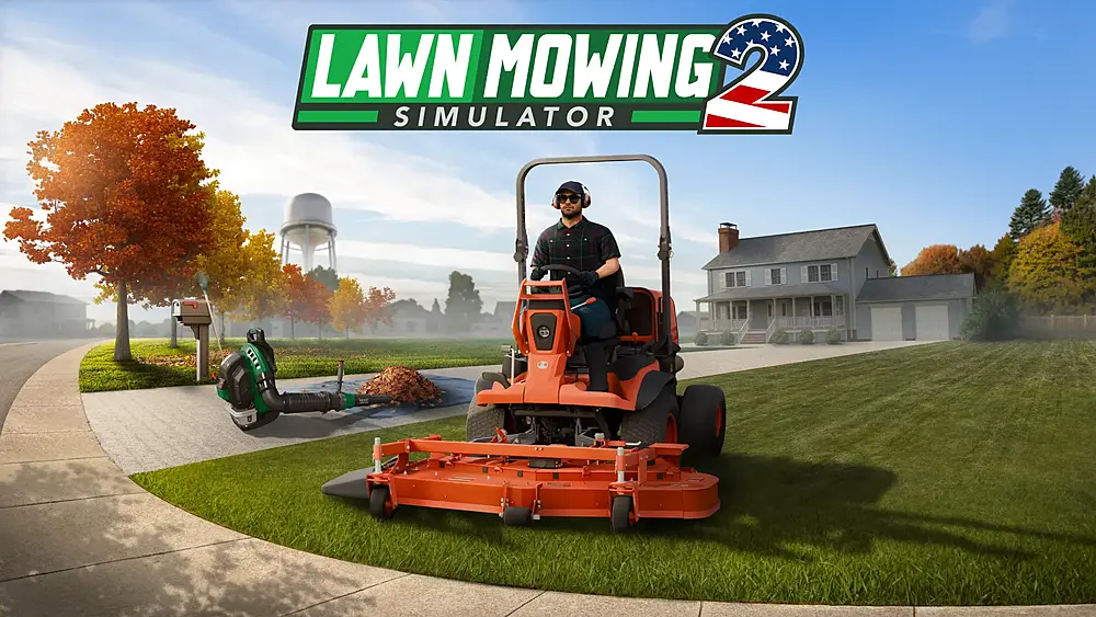 A man on a riding mower next to a big leaf blower on a nicely cut front yard.