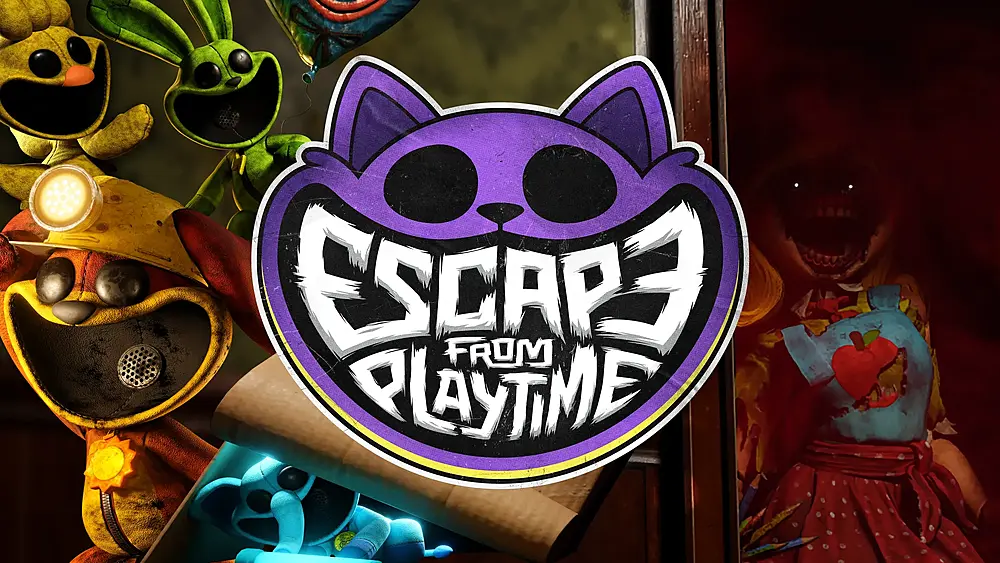 A purple cat-like logo for "ESCAPE FROM PLAYTIME," surrounded by various colorful but eerie toy-like characters.